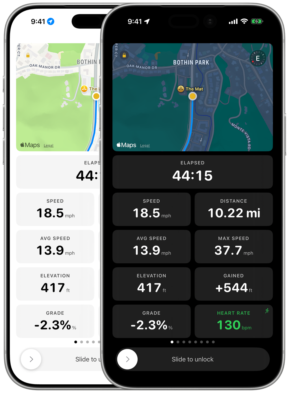 The active-ride dashboard shown side by side in light mode and dark mode.