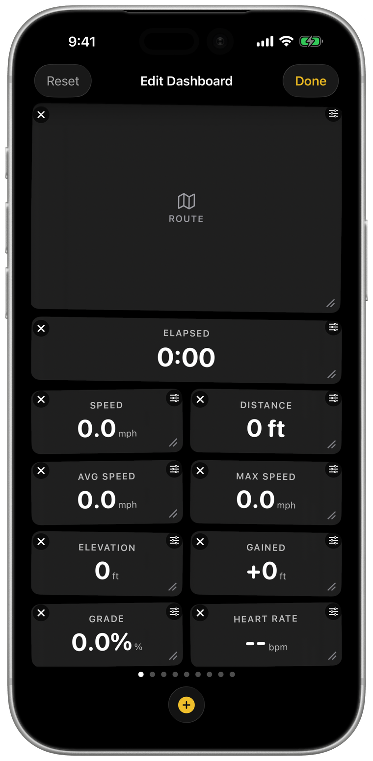 Joyride's Edit Dashboard screen, where tiles are rearranged by drag and drop, in dark mode.