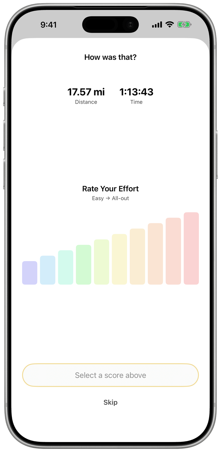 The Rate Your Effort screen for logging how hard a ride felt.