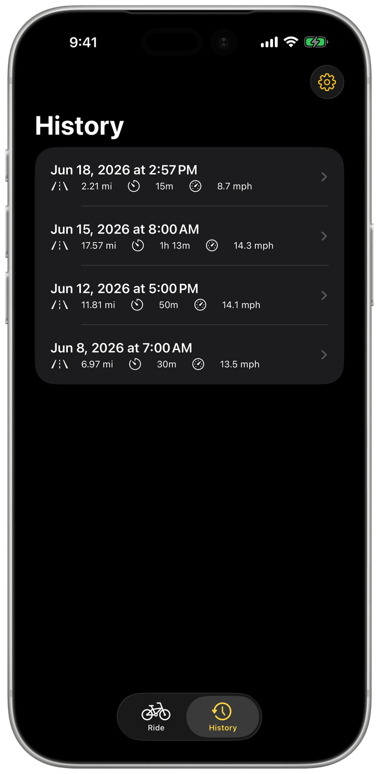 Ride history listing distance, time, and average speed for past rides, in dark mode.