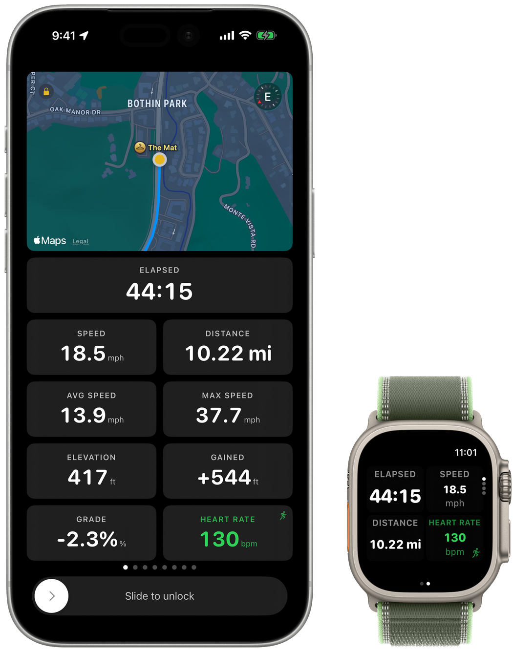 Joyride running together on iPhone and Apple Watch during a ride, with live metrics on both.