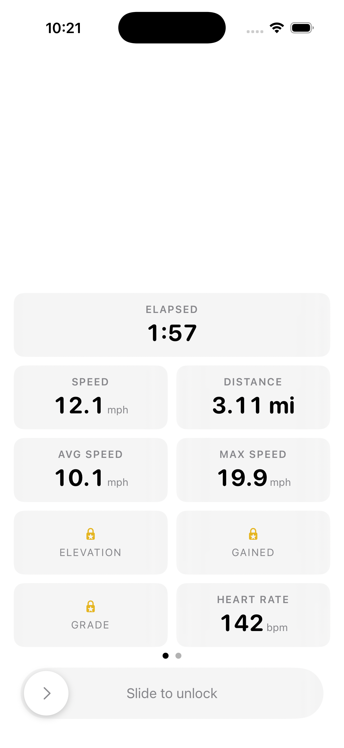 The Joyride ride dashboard showing elapsed time, speed, distance, and heart rate.