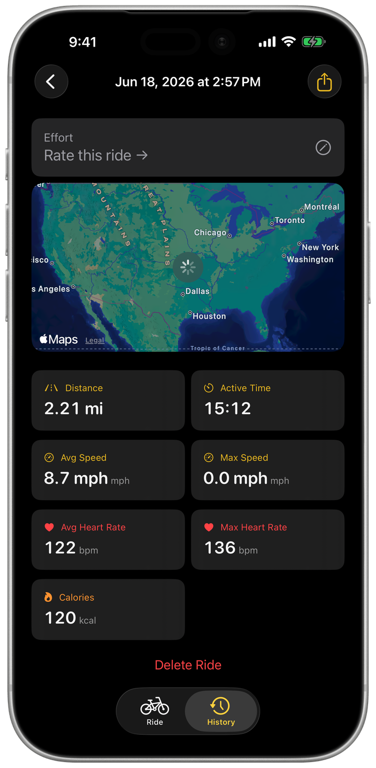 A completed ride summary in dark mode, with route map and statistics.