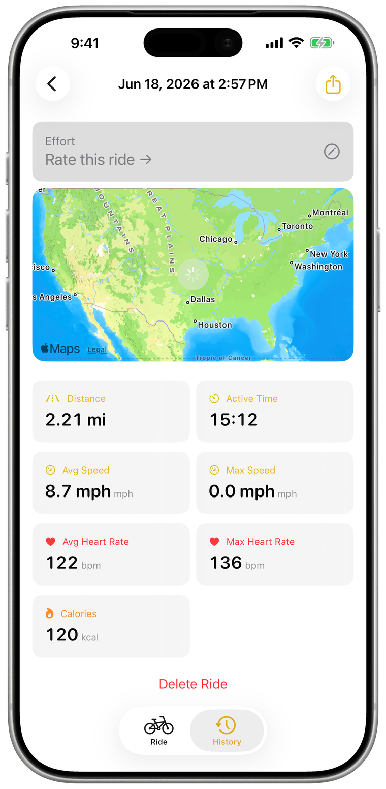 A completed ride summary with route map, average and maximum heart rate, and calories burned.