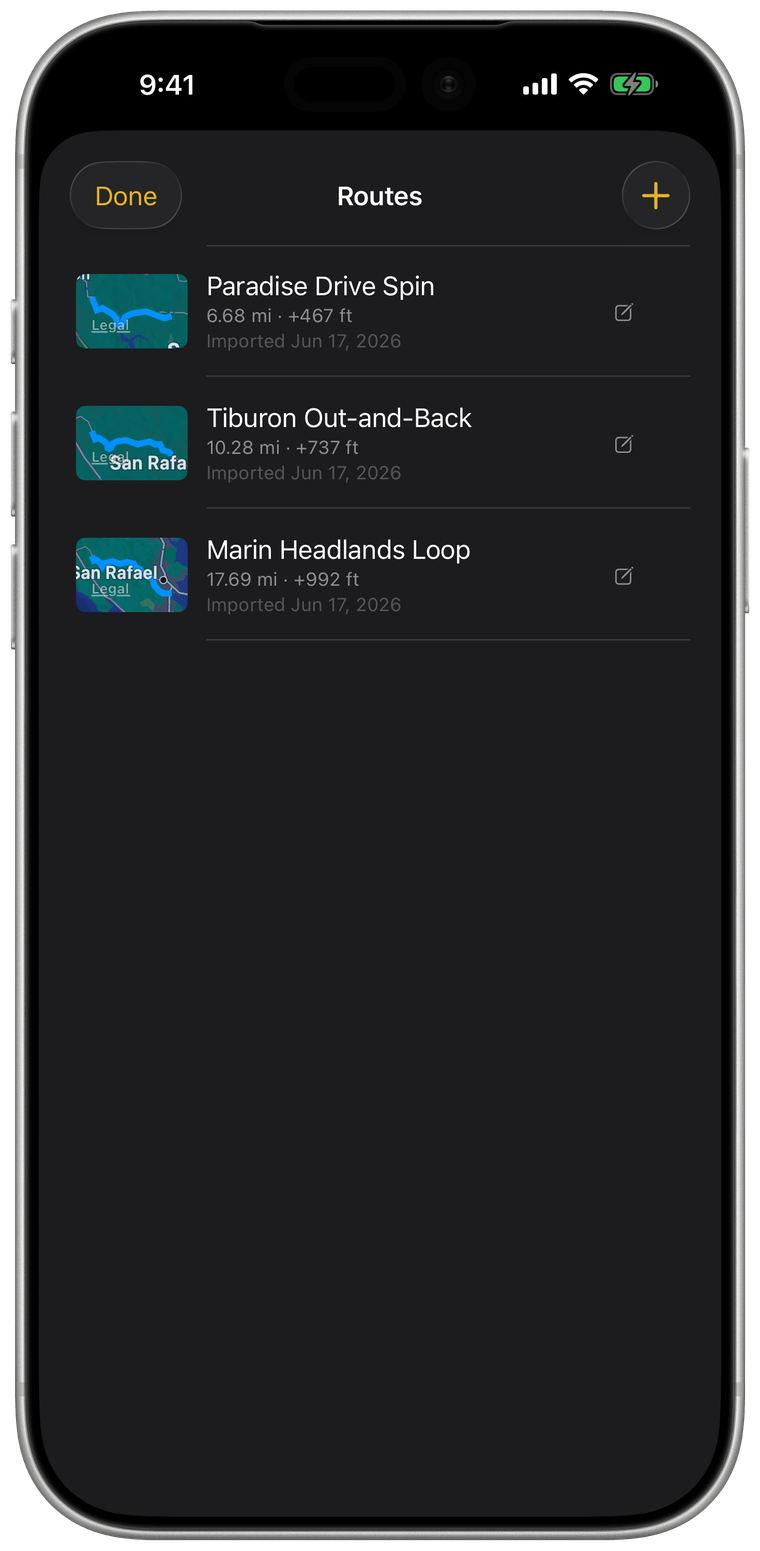 Joyride's Routes screen listing imported routes with distance and elevation gain.