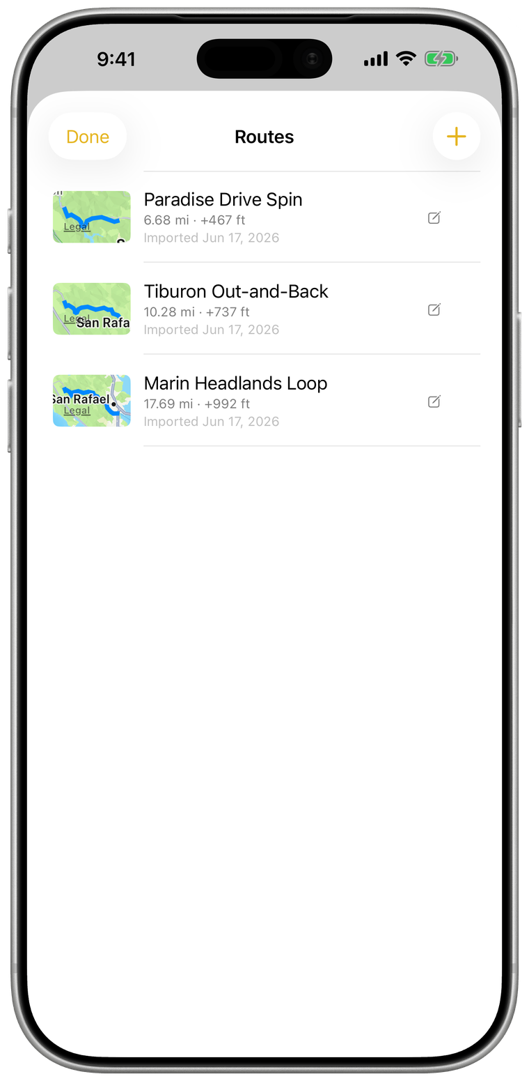 The Routes screen listing imported routes.
