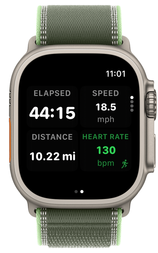 Joyride on Apple Watch showing elapsed time, speed, distance, and heart rate tiles.