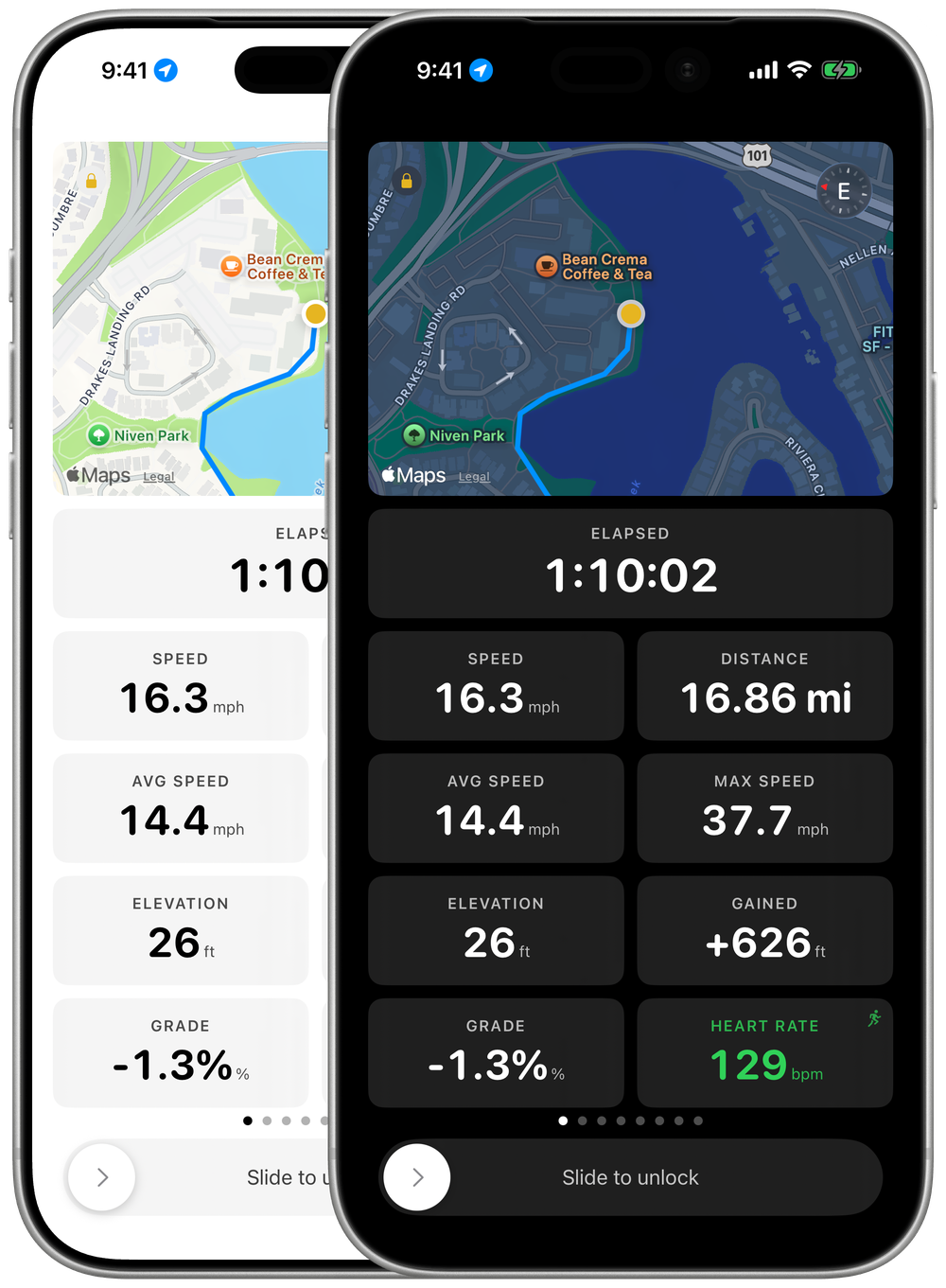 The same ride shown side by side in light mode and dark mode, with a live map and metric tiles.